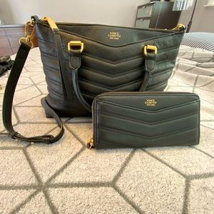 Vince Camuto Daz Satchel Leather Quilted Chevron Patterned Purse & Wallet Set